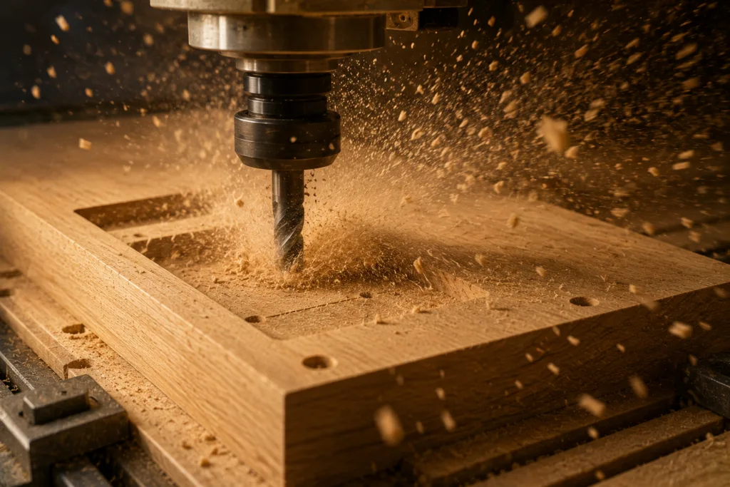 Houten Onderdeel Wat Op Hoge Snelheid Wordt Gefreesd Door De Firma Cnc In Utrecht