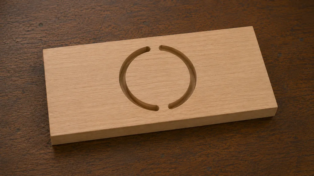 Voorbeeld Van Een Cnc Gefreesd Klein Houten Onderdeel Wat Met Tabs Of Bruggetjes Aan Het Andere Deel Vast Wordt Gehouden